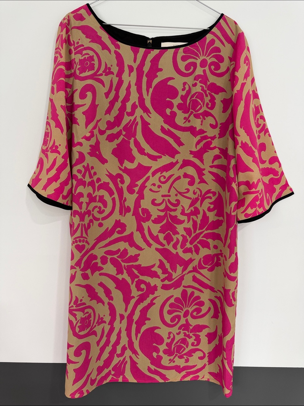 LOFT Pink and Tan Patterned Long-Sleeve Shift Dress